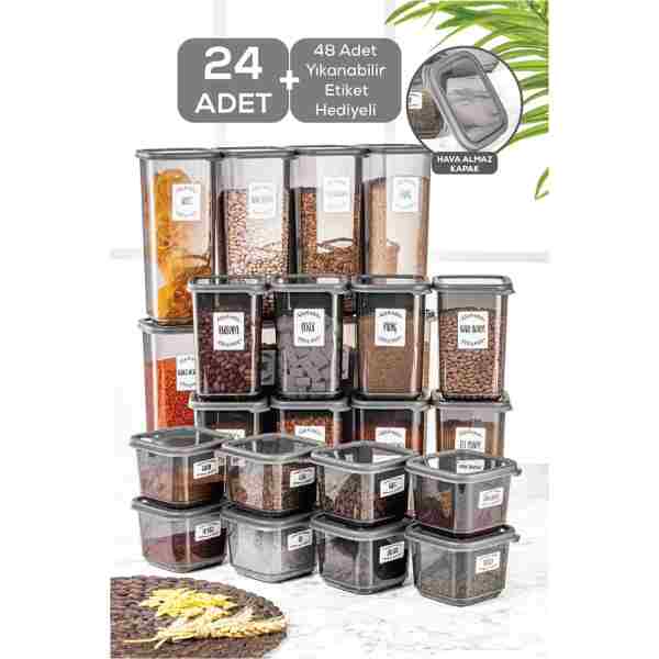 Meleni Home 24'lü Set Kapaklı Kare Erzak Saklama Kabı Antrasit 8x(0,50 LT-1,10 LT -1,70 LT) Etiket Hediyeli