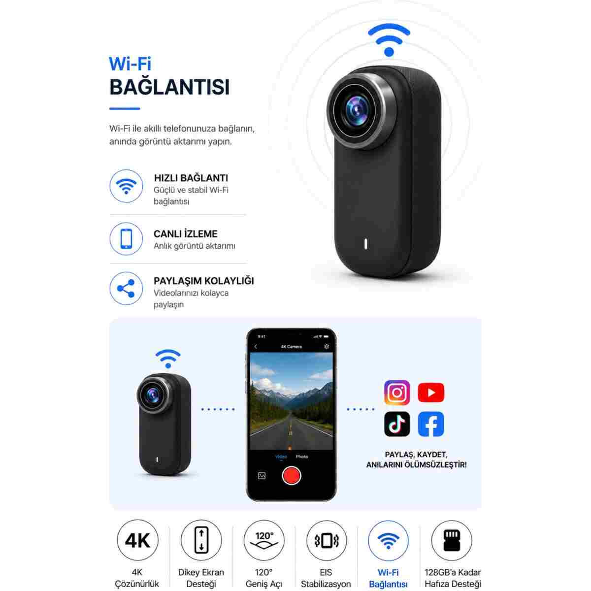 Weskam 4K Ultra HD Mini Aksiyon Kamerası | Taşınabilir, Wi-Fi, Geniş Açı Lens - Görsel 6