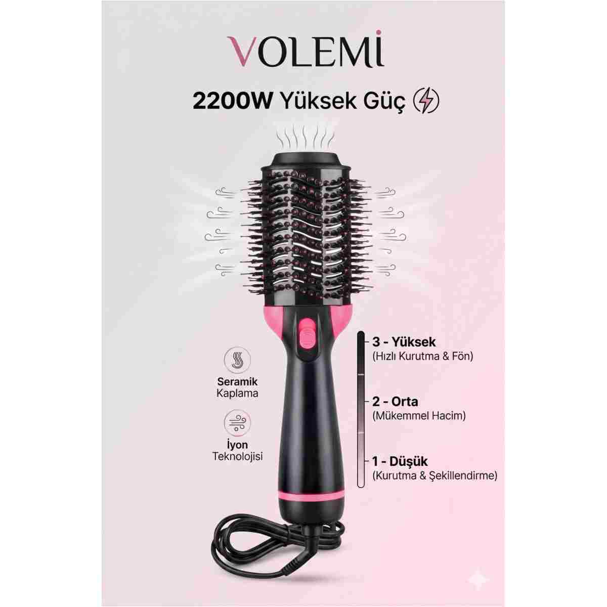 VOLEMİ Profesyonel 2200W Hava Üflemeli Saç Şekillendirici İyonik Düzleştirici Fön Tarağı Ve Hacim Verici Fırça V-0167 - Görsel 3