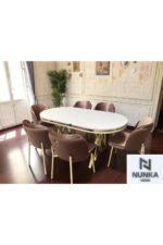NUNKA HOME Arya Gold Line Serisi Antrasit Renk +6 Sandalyeli Mdf Lak Panel Beyaz Masa Takımı - Görsel 6