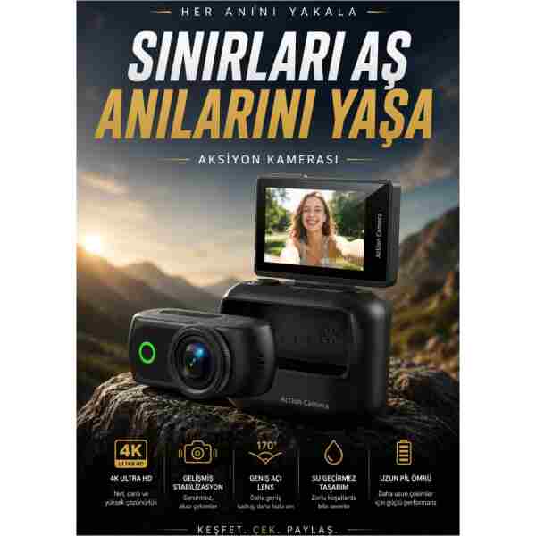 KETENOFFİCİAL Profesyonel 4K Aksiyon Kamerası Çift Flip Hareketli Ekranlı Manyetik Aparat Vlog Seyahat Kamerası