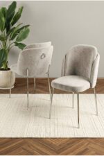 DEREN HOME Rigella Max Krom 80x130 MDF Sabit Masa Metal Ayak + 6 Adet Silinebilir Sandalye ACIK GRI - Görsel 2