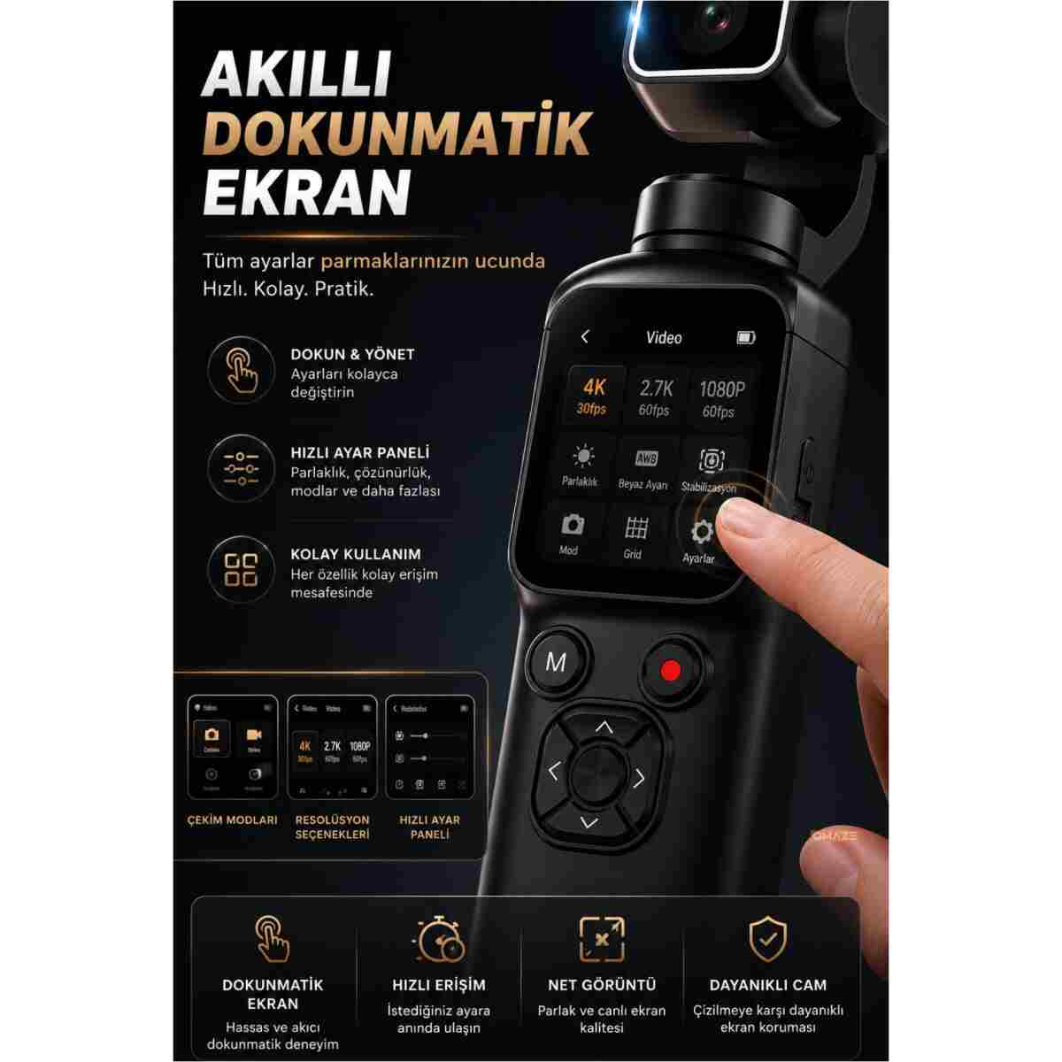 Omaze 4K Ultra Hd Profesyonel Aksiyon Kamerası Gimbal 360 Dönüş Dokunmatik Ekran Profesyonel Vlog Çekim - Görsel 6