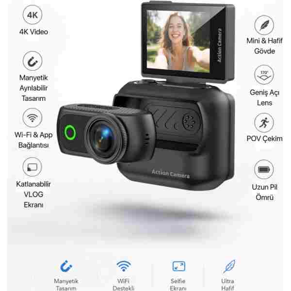 METONTECH mini 4K Aksiyon Kamerası Wi-Fi | VLOG, Açılabilir Selfie Ekranı | Manyetik Şarj Kutusu, Siyah
