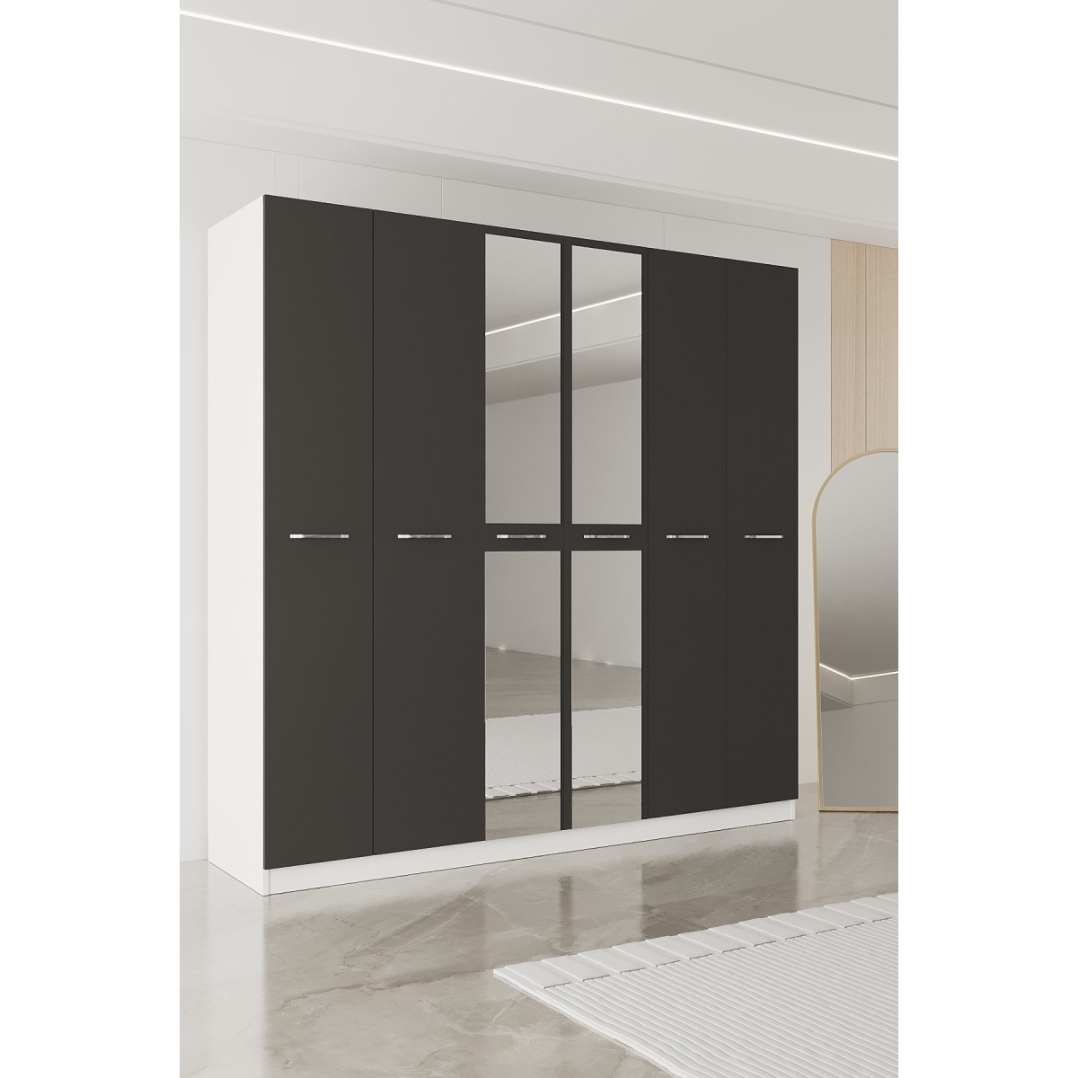 AEKA AE-2191 Hisar Beyaz/Beyaz Aynalı 6 Kapaklı Çok Bölmeli Askılı ve Raflı Geniş Hacimli Gardırop 210x210 cm - Görsel 14