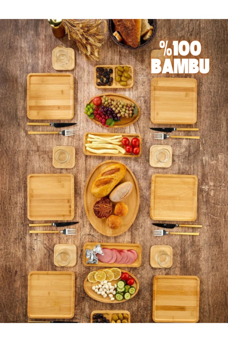 61acc67ec1b338b60da79bb6fc3cbafd EMBazaar Bambu 19 Parça 6 Kişilik Doğa Serisi Kahvaltı Seti,kahvaltı Takımı,sunum Servis Set Pasta Tabak - Görsel 1