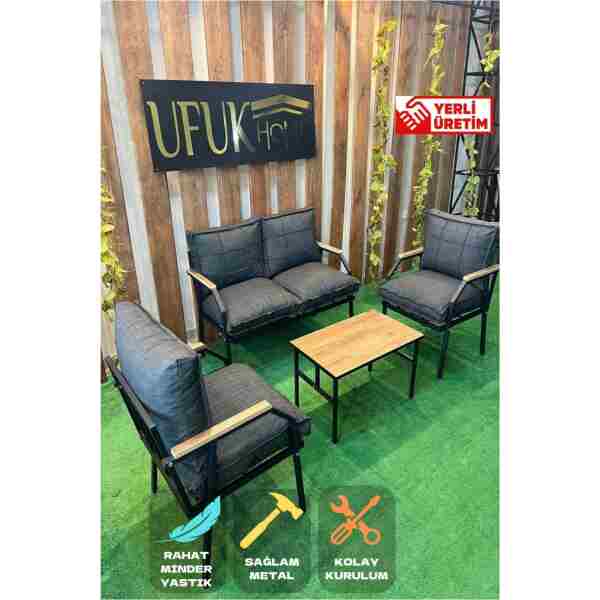 UFUK HOME Linda 211 Sehpalı Antrasit Fermuarlı Bahçe Balkon Takımı, Cafe, Salon - Metal Kanepe Koltuk Takımı
