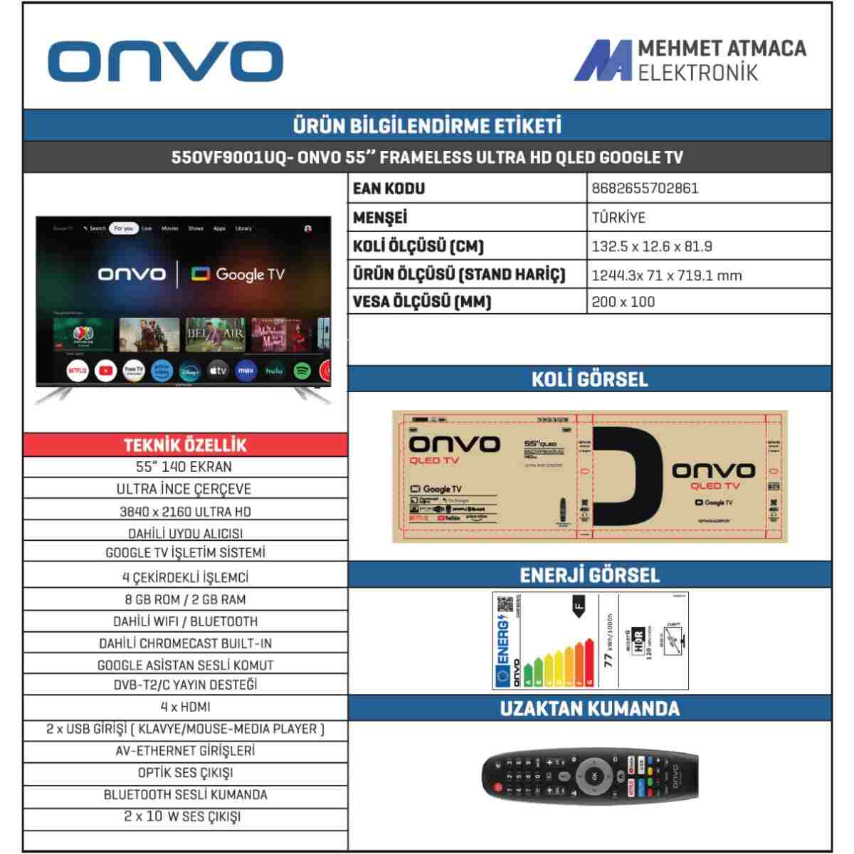 ONVO 55OVF9001UQ 55’’ 140 Ekran Uydu Alıcılı 4K Ultra HD QLED Google Smart TV - Görsel 6