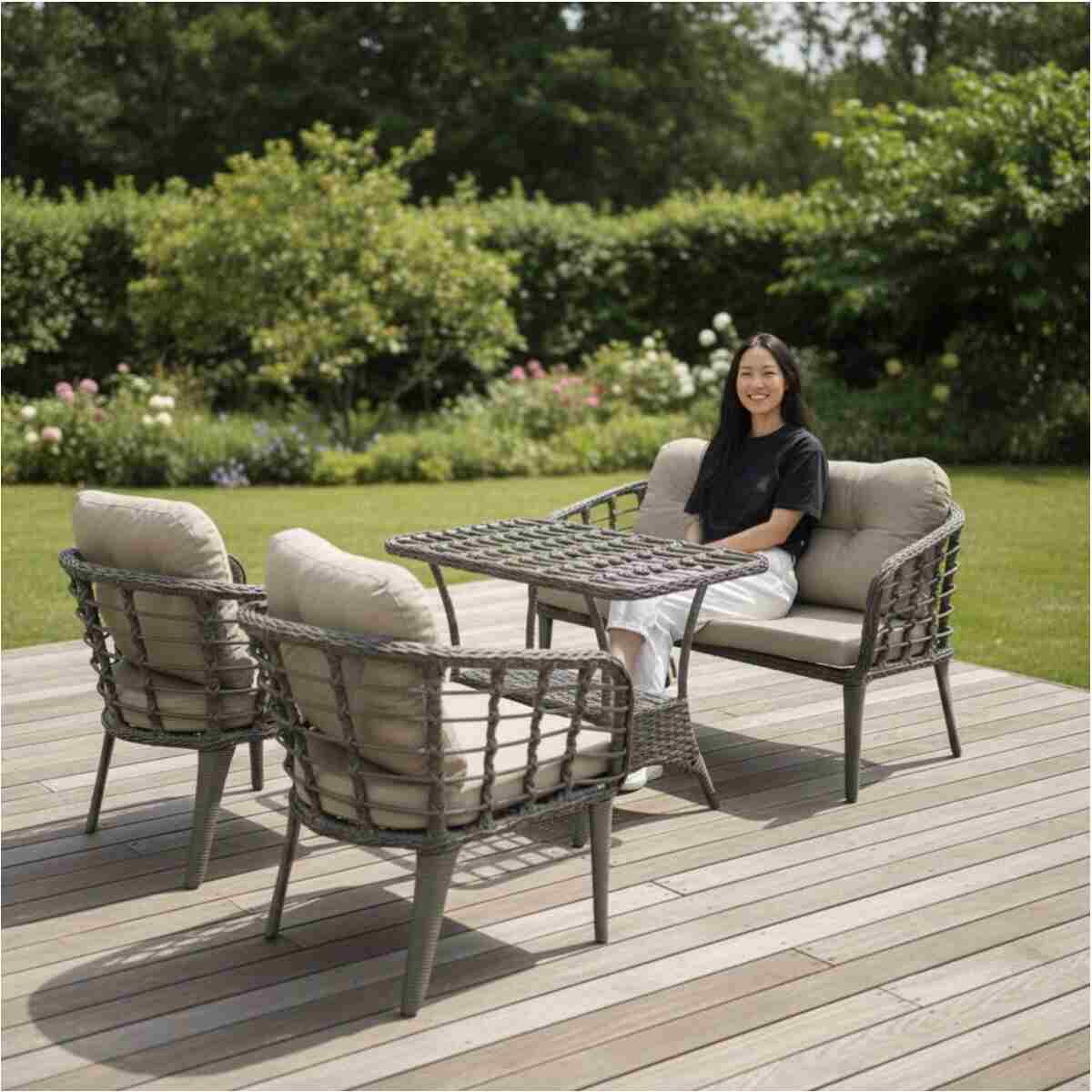 Tu Tienda KARTEPE ALÜMİNYUM 2 1 1 RATTAN BAHÇE BALKON TAKIMI,GRİ RATTAN/KREM KUMAŞ - Görsel 13
