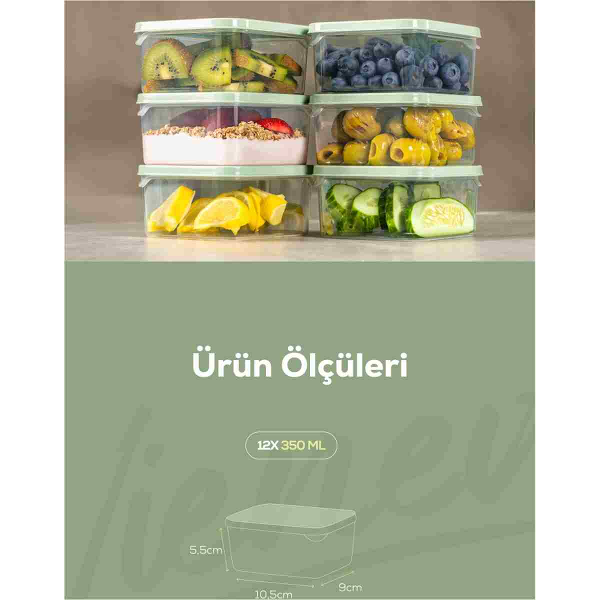 Vienev 12'li 350 ml Buzdolabı Dondurucu Organizer Mikrodalga Ve Difrize Uygun Saklama Kabı Mint - Görsel 2
