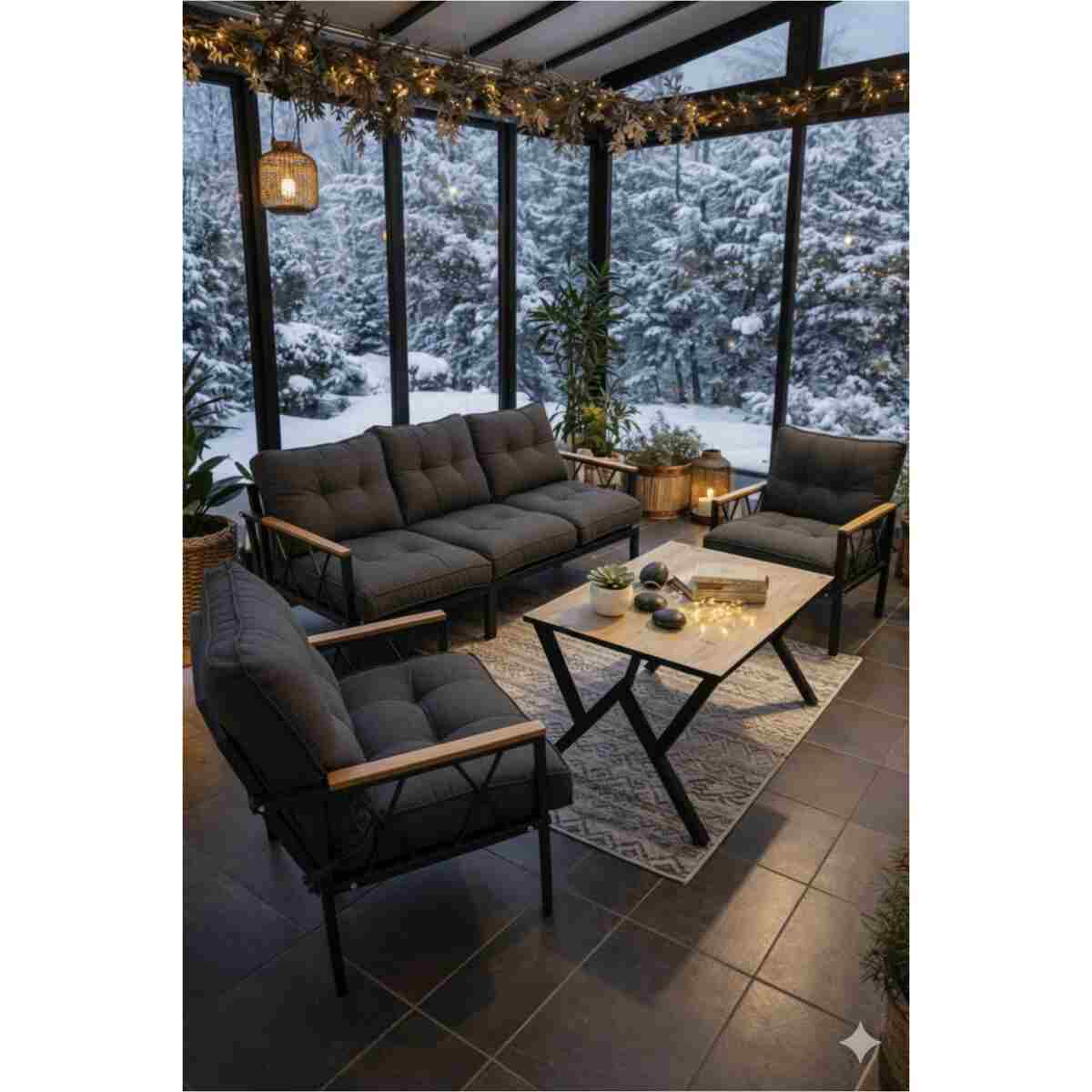 UFUK HOME Miray 311 Masalı Gri Fermuarlı Bahçe Balkon Takımı, Salon, Teras- Berjer Düğmeli Metal Çay Seti - Görsel 4