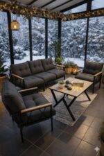 UFUK HOME Miray 311 Masalı Gri Fermuarlı Bahçe Balkon Takımı, Salon, Teras- Berjer Düğmeli Metal Çay Seti - Görsel 4