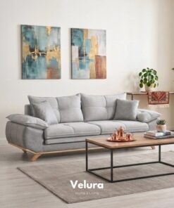 Velura Home & Living Azir Yataklı Koltuk & Bazalı Koltuk & Üçlü Kanepe (3'LÜ) - Gri Nubuk Bukle Kumaş