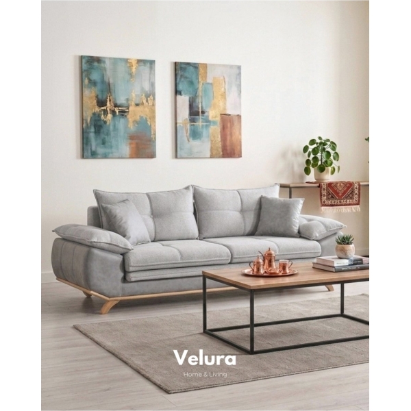 Velura Home & Living Azir Yataklı Koltuk & Bazalı Koltuk & Üçlü Kanepe (3'LÜ) - Gri Nubuk Bukle Kumaş