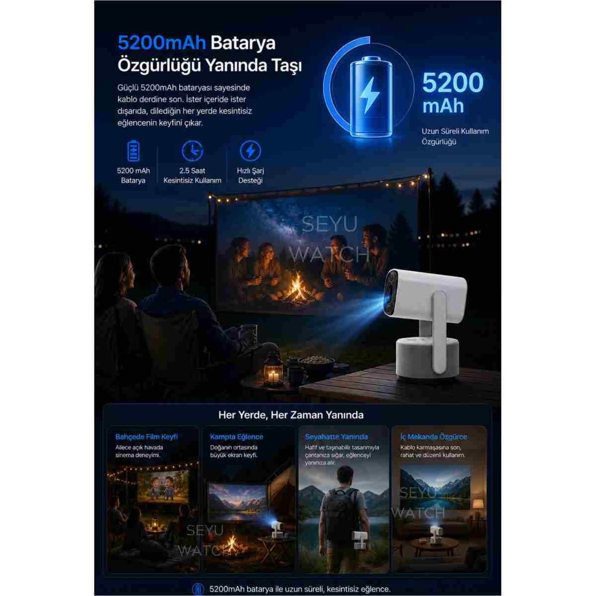 SEYUWATCH Taşınabilir Powerbankli 4K Destekli 1080P Android Sistemli Sinema Projeksiyon Cihazı - Görsel 4