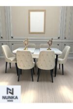 NUNKA HOME Şato Serisi Mutfak ve Salon Yemek Masası Takımı +6 Sandalyeli Krem Modern ve Şık Tasarım