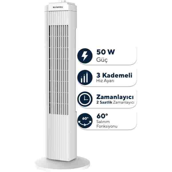 KUMTEL KTF-258W Kule Tipi Beyaz Vantilatör – 50W, Zaman Ayarlı, 3 Hız Kademeli, Sessiz Çalışma