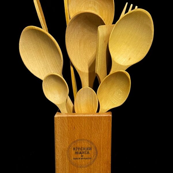 Kitchen Mania 11 Parça Yağlı Kayın Ahşap Kaşık Tahta Spatula Servis Kepçe Ağaç Çatal Maşa Seti-ahşap Standlı