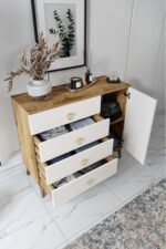 mapahomeliving Simple 4 Çekmeceli 1 Kapaklı Modern Şifonyer Ekru Ceviz - Görsel 4