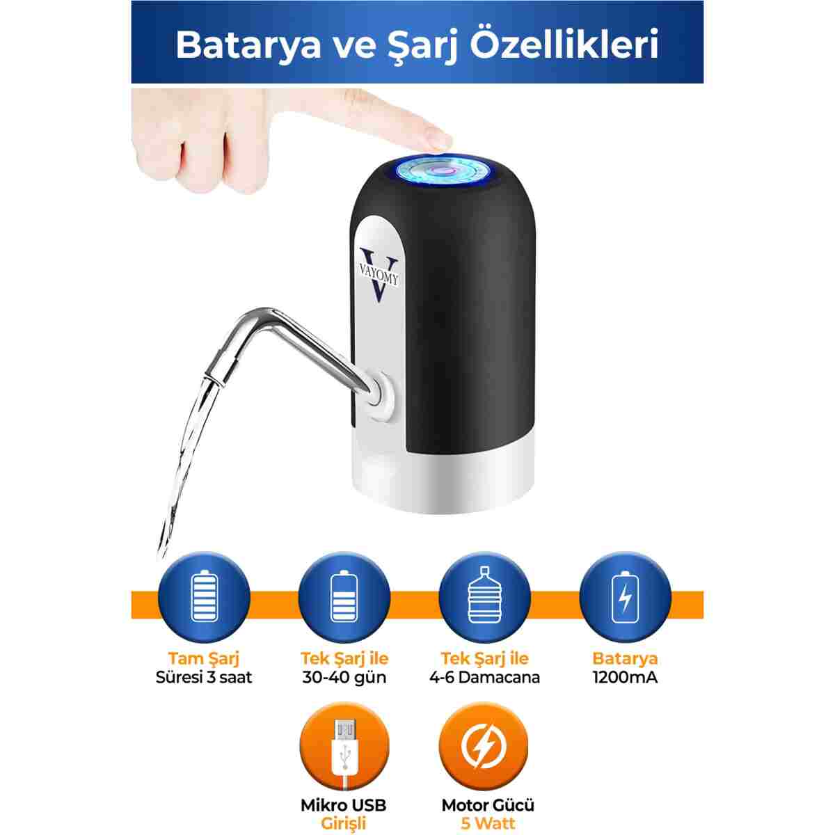 v vayomy Otomatik Şarjlı Damacana Su Pompası ve Şarj Kablosu Otomatik Şarjlı Su Sebili - Görsel 2