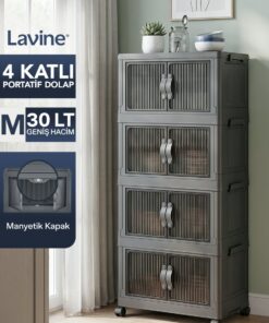 Lavine ”MEDIUM” 4 Katlı Portatif Dolap Organizer 30LT Çok Amaçlı Mıknatıs Kapaklı, Katlanır, Tekerlekli