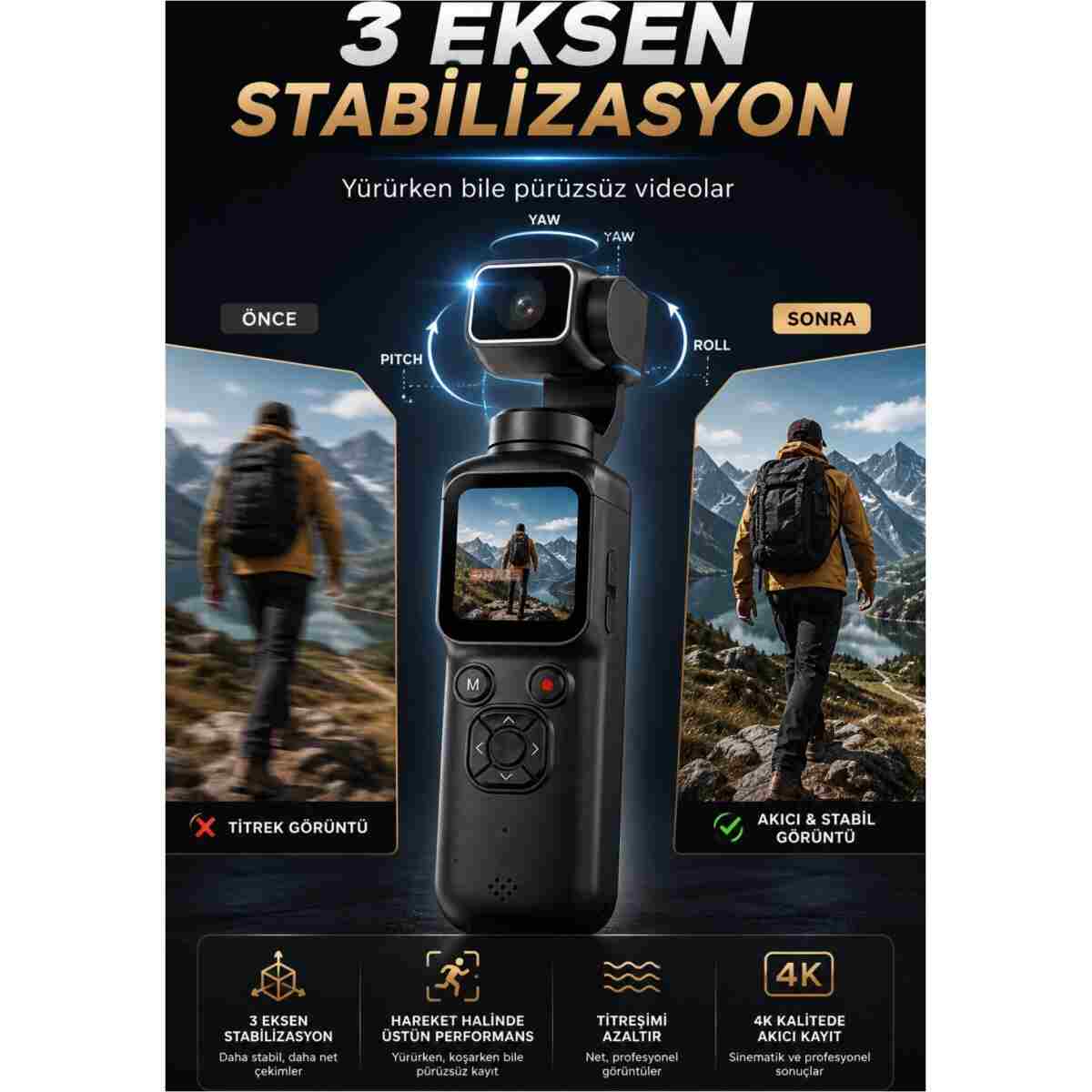 Omaze 4K Ultra Hd Profesyonel Aksiyon Kamerası Gimbal 360 Dönüş Dokunmatik Ekran Profesyonel Vlog Çekim - Görsel 3