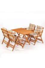 Meya Dekor Minderli Loretta Masa Sandalye Seti 4+1 Ahşap Bahçe Balkon Teras Katlanır Set 120x70 cm