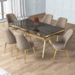 Canisa Prah Serisi 90x160 Lak Panel Antrasit Ironi Gold Ayak Masa Takımı 6 Cappucino Sandalye