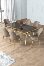 Canisa Prah Serisi 90x160 Lak Panel Antrasit Ironi Gold Ayak Masa Takımı 6 Cappucino Sandalye