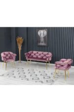 Rozexi Balon Çay Seti Takımı Koltuk Takımı Oturma Odası Kafe Antre Hol Ofis 2+1+1 Gold Metal