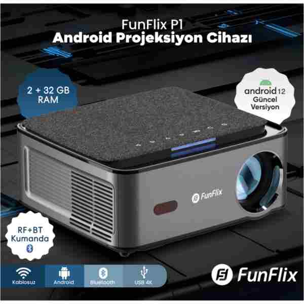 FunFlix P1 Android 4K Destekli LED Full Hd Projeksiyon Cihazı, Bluetooth, 150W Lamba, 300 Inç