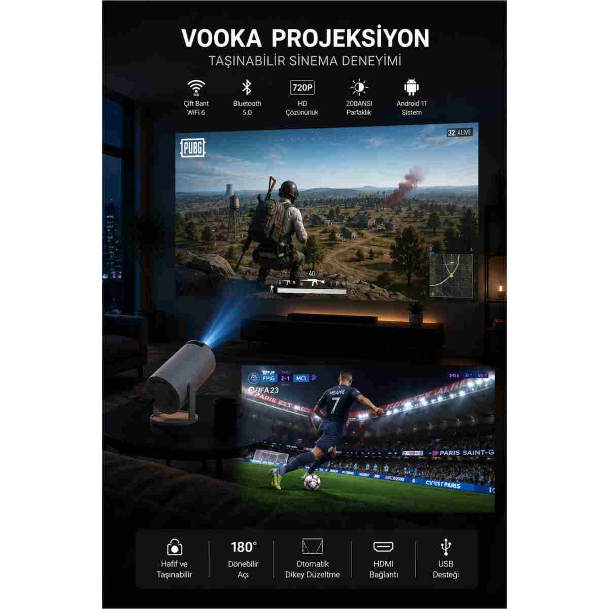 VOOKA Taşınabilir Mini Projeksiyon Cihazı Android 11 Wifi Bluetooth Akıllı Ev Sineması Projektör - Görsel 8