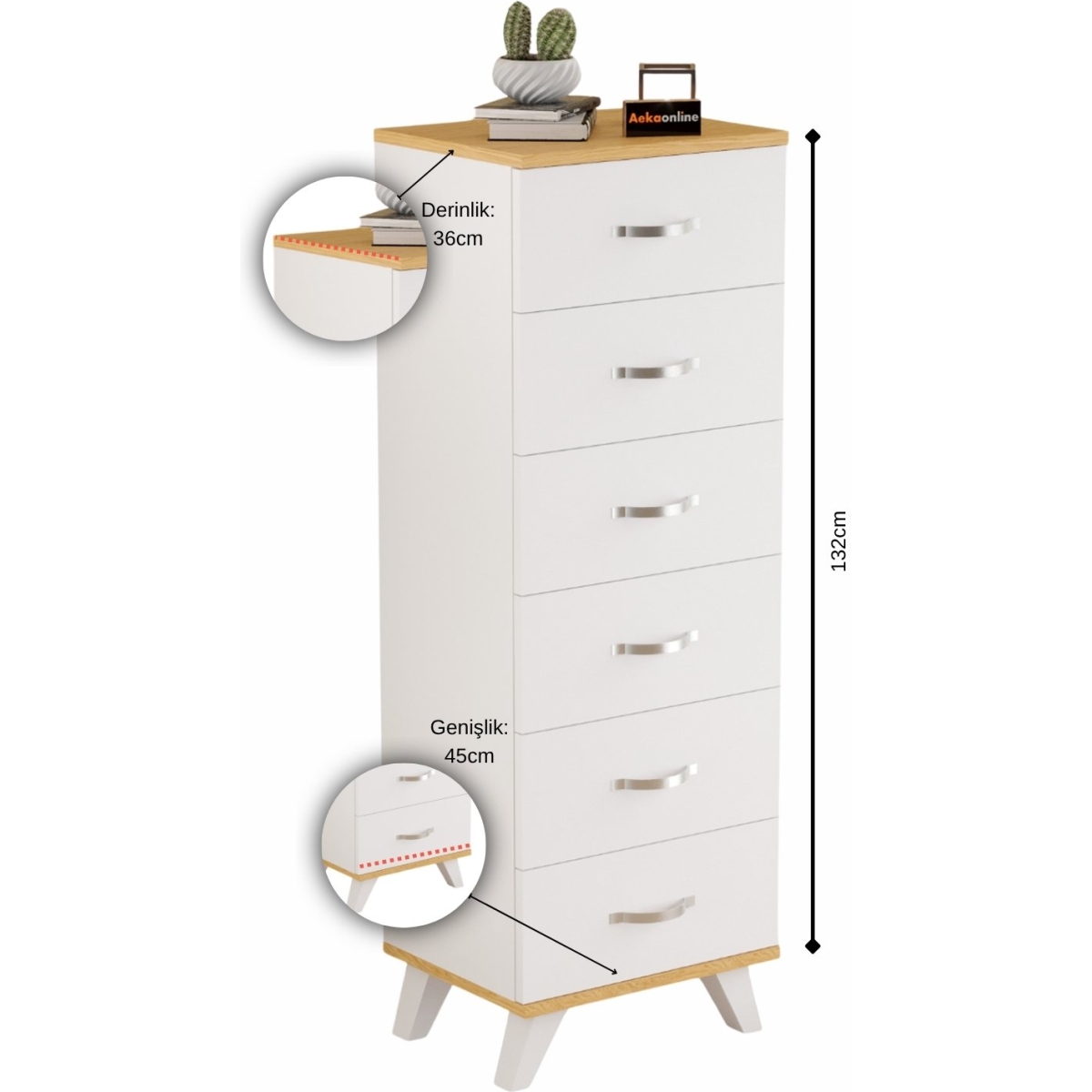 AEKA AE-3038 Belinda 6 Çekmeceli Beyaz Şifonyer Komodin 132*45*36 cm - Görsel 2
