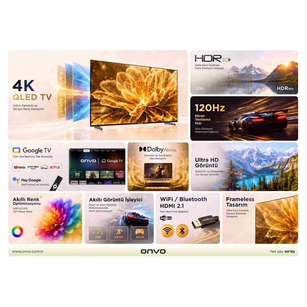 ONVO 100VQ90F3UB 100’’ 254 Ekran Uydu Alıcılı 4K Ultra HD QLED Google TV - Görsel 2