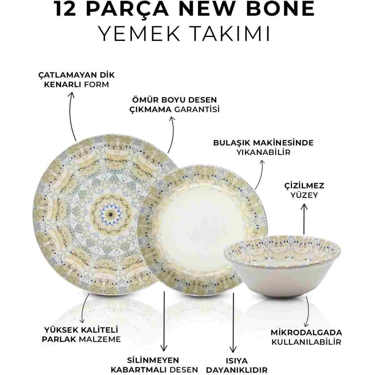 Kitchen Life 12 Parça 4 Kişilik Mozaik Bahçesi Porselen Yemek Takımı - New Bone Yemek Seti - Görsel 9