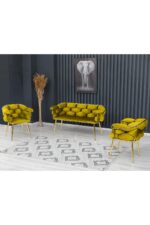 Rozexi Balon Çay Seti Takımı Koltuk Takımı Oturma Odası Kafe Antre Hol Ofis 2+1+1 Gold Metal - Görsel 2