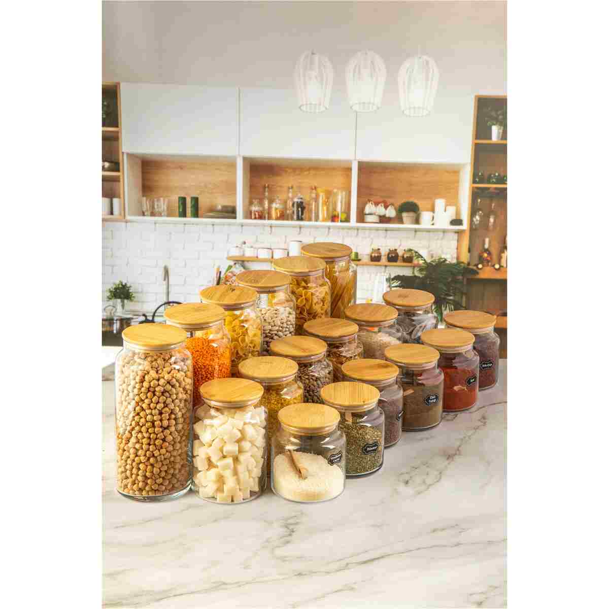 Karçiçeği Home Vakumlu, Bambu Kapaklı 18 Parça Cam Kavanoz Ve Çeyiz Seti 1300-800-500 ml - Görsel 3