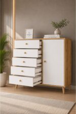 Kardelahome Kardela Premium Mdf Şifonyer 5 Çekmeceli Kapaklı Dolaplı Beyaz Atlantik Çam - Görsel 11