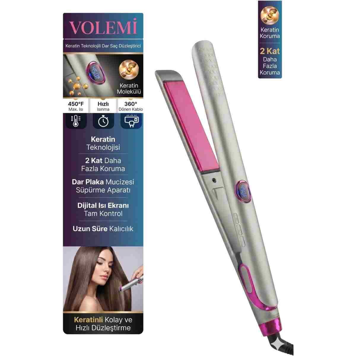 VOLEMİ Vm-004 Profesyonel Seramik Dar Plakalı Saç Düzleştirici Hızlı Isınma Dijital LED Ekran - Görsel 3