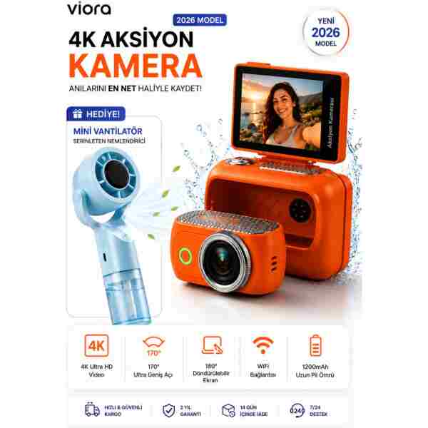 TARÇIN Viora 4K Aksiyon Kamerası Mini 180° Döner Ekran WiFi App Geniş Açı Taşınabilir Vlog Kamera
