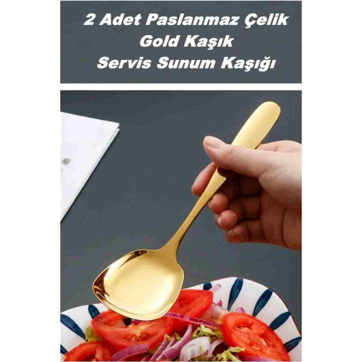 AYGÖREN HOME Pratik 2 ADET Paslanmaz Gold Çelik Lüx Servis Salata Kaşığı Spatula Çelik Yemek Servis Kaşığı 21cm - Görsel 2
