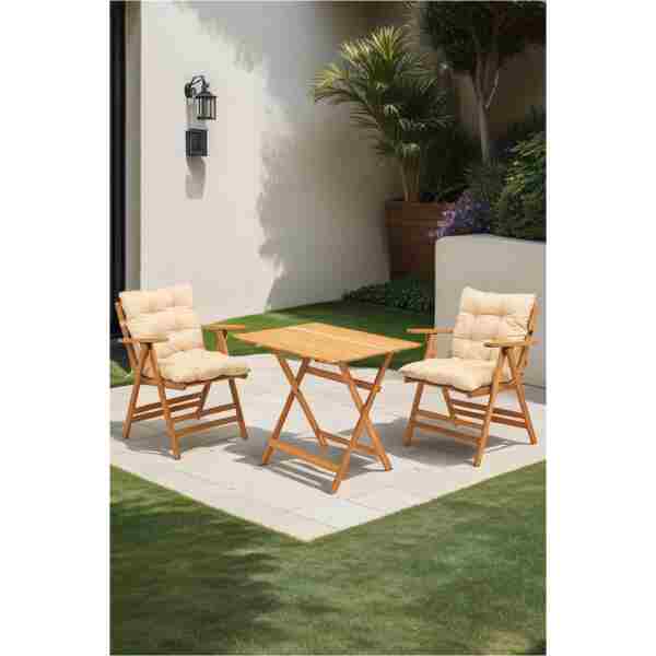 Meya Dekor Minderli Loretta Masa Sandalye Seti 2+1 Ahşap Bahçe Balkon Teras Katlanır Set 60x80 Masa