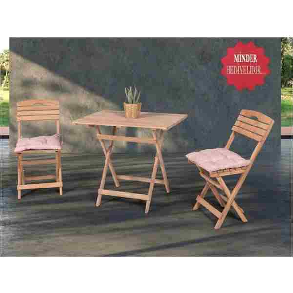 BarışAhşap Açık Ceviz Balkon Bahçe 60x80 Cm Masa 2 Sandalye 3 Lü Katlanabilir Bistro Set Minder Hediyeli
