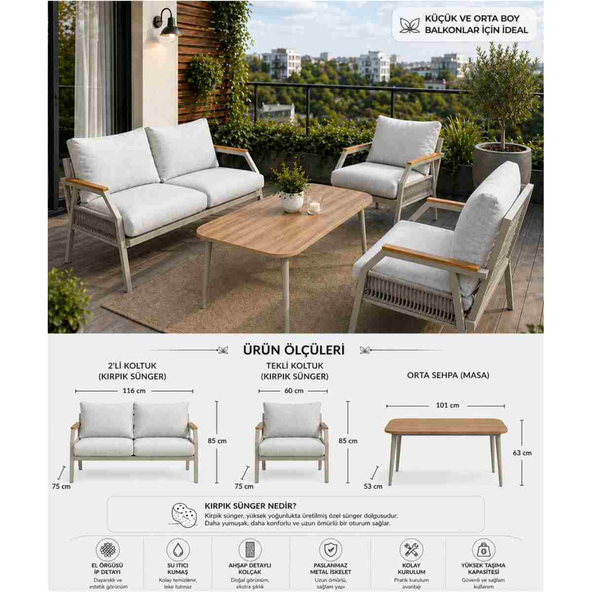 UFUK HOME Daisy Cappuccino Bej Makrome Örgülü 2+1+1 Masalı Bej Bahçe & Balkon Takımı - Görsel 2