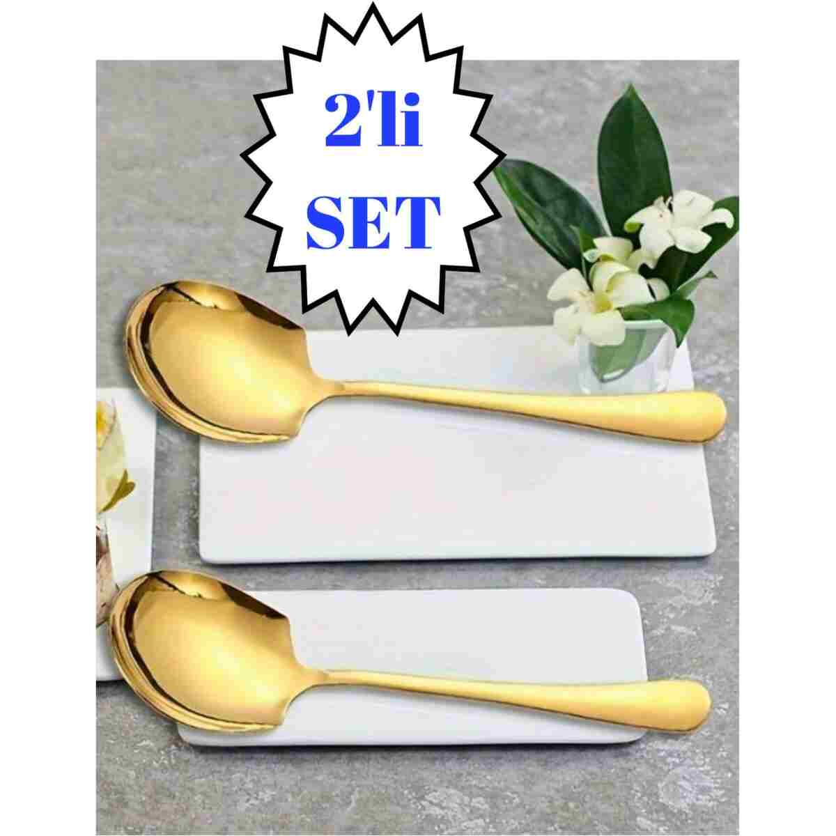 BRE HOME 2'li Gold Renk Servis Kaşığı Seti – 22 Cm Paslanmaz Çelik Pilav Ve Sunum Kaşığı - Görsel 3