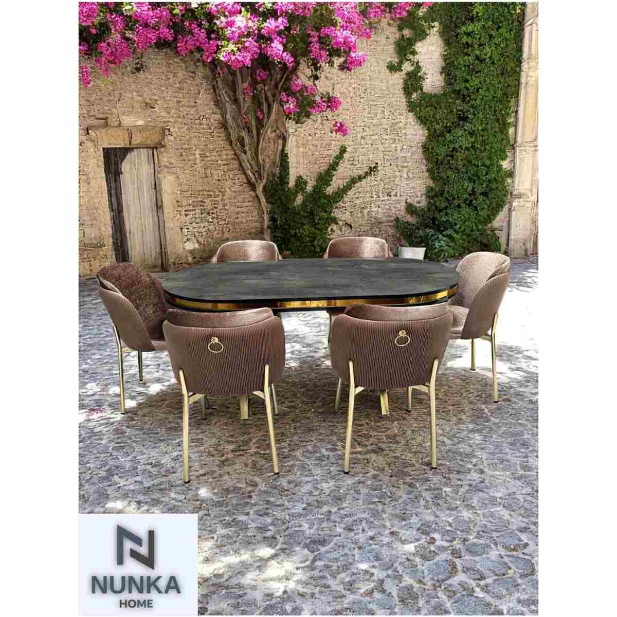 NUNKA HOME Arya Gold Line Serisi Cappuccino Renk +6 Sandalyeli Mdf Lak Panel İroni Masa Takımı - Görsel 3