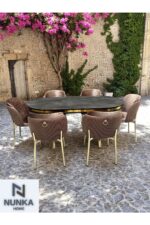NUNKA HOME Arya Gold Line Serisi Cappuccino Renk +6 Sandalyeli Mdf Lak Panel İroni Masa Takımı - Görsel 3