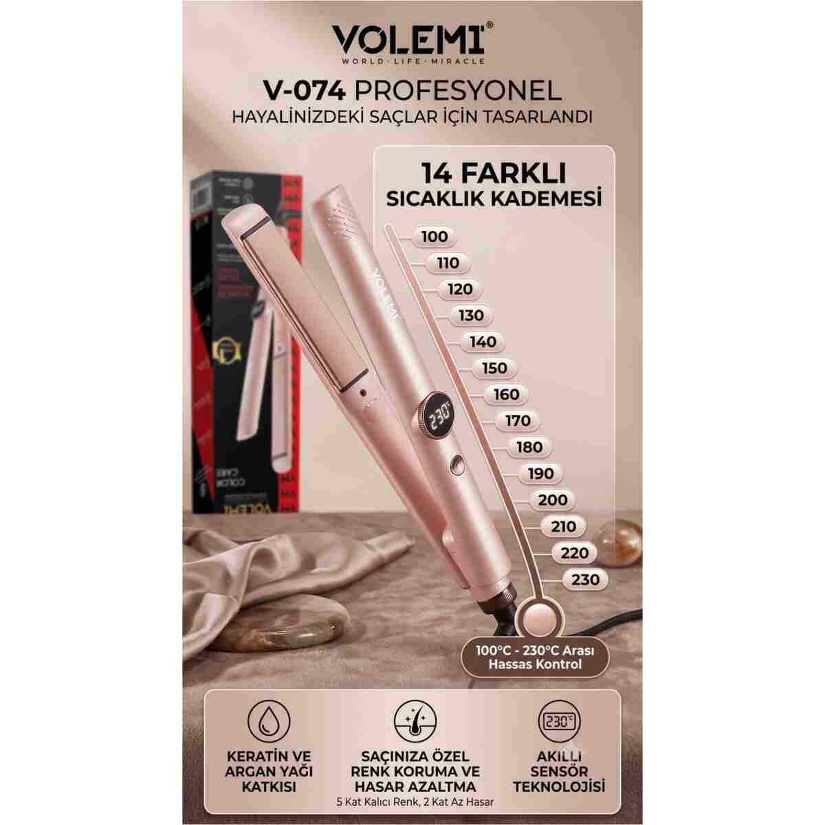 VOLEMİ V-074 Profesyonel Saç Düzleştirici 14 Kademeli Isı Ayarı Dijital LED Ekran Seramik Plaka 100-230°C - Görsel 2