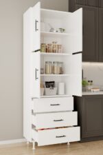 AEKA AE-3020 Irmak Beyaz 4 Kapaklı Çok Amaçlı Dolap 3 Çekmeceli Raflı Mutfak Kiler Banyo 195x63x35 Çok Amaçlı Dolap