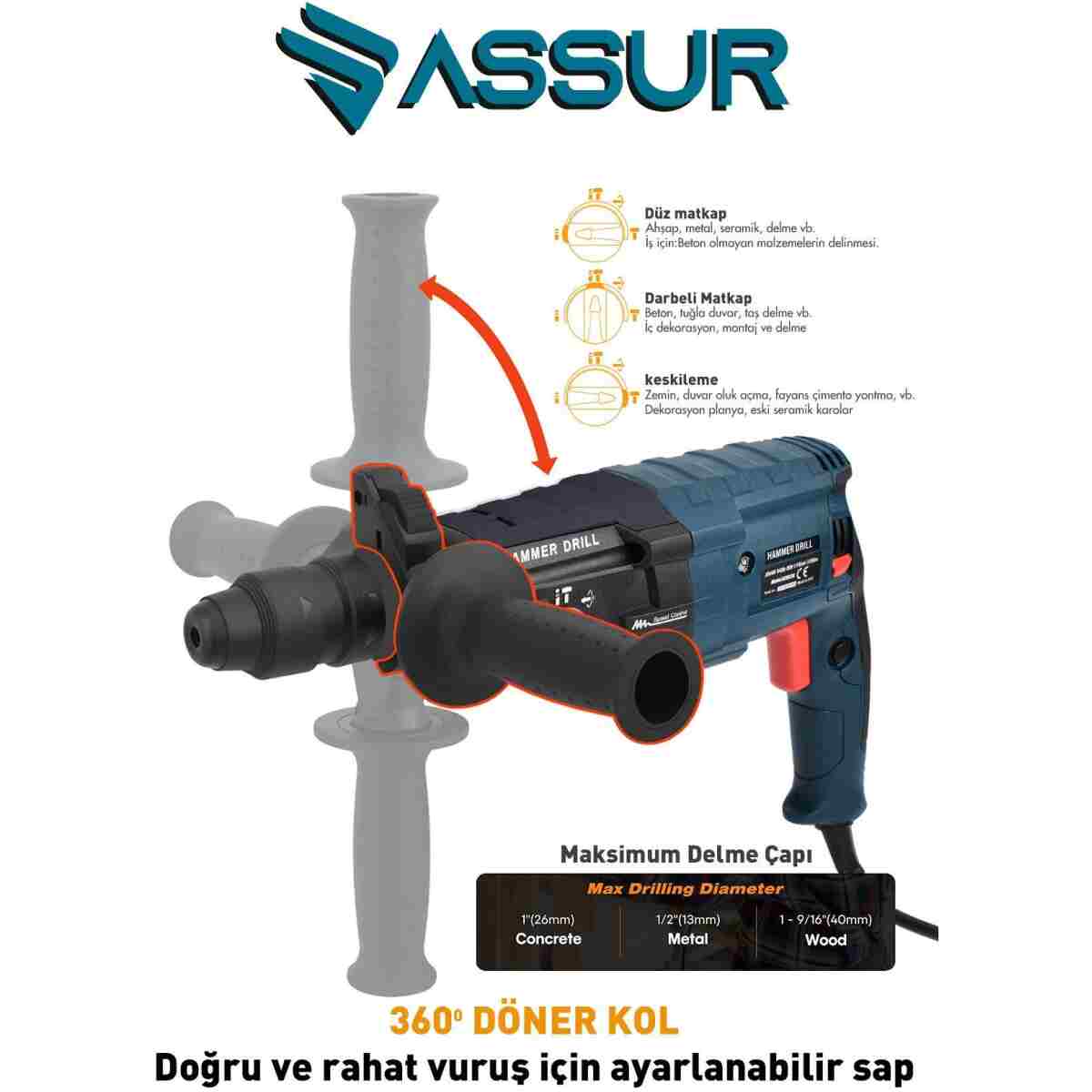 ASSUR 850W Metal Şanzıman Darbeli Matkap Kırıcı Delici Hilti 2-28mm - Görsel 6